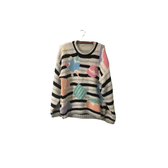 Vintage Womens Chunky Knit Stripes and Pastel Geometric Shapes Handmade Sweater - Picture 1 of 7